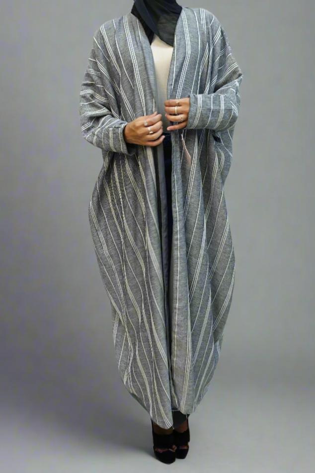 Grey & White Striped Opened Abaya