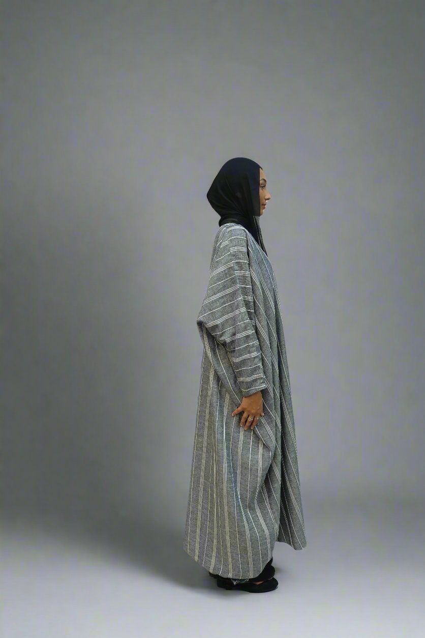 Grey & White Striped Opened Abaya