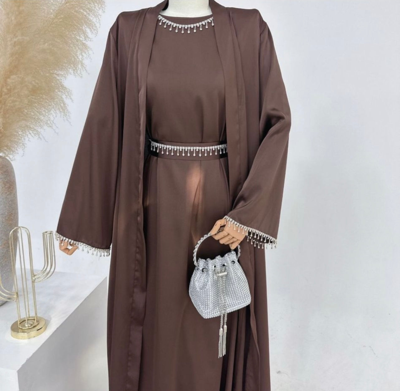 Crystal Belt Satin Abaya