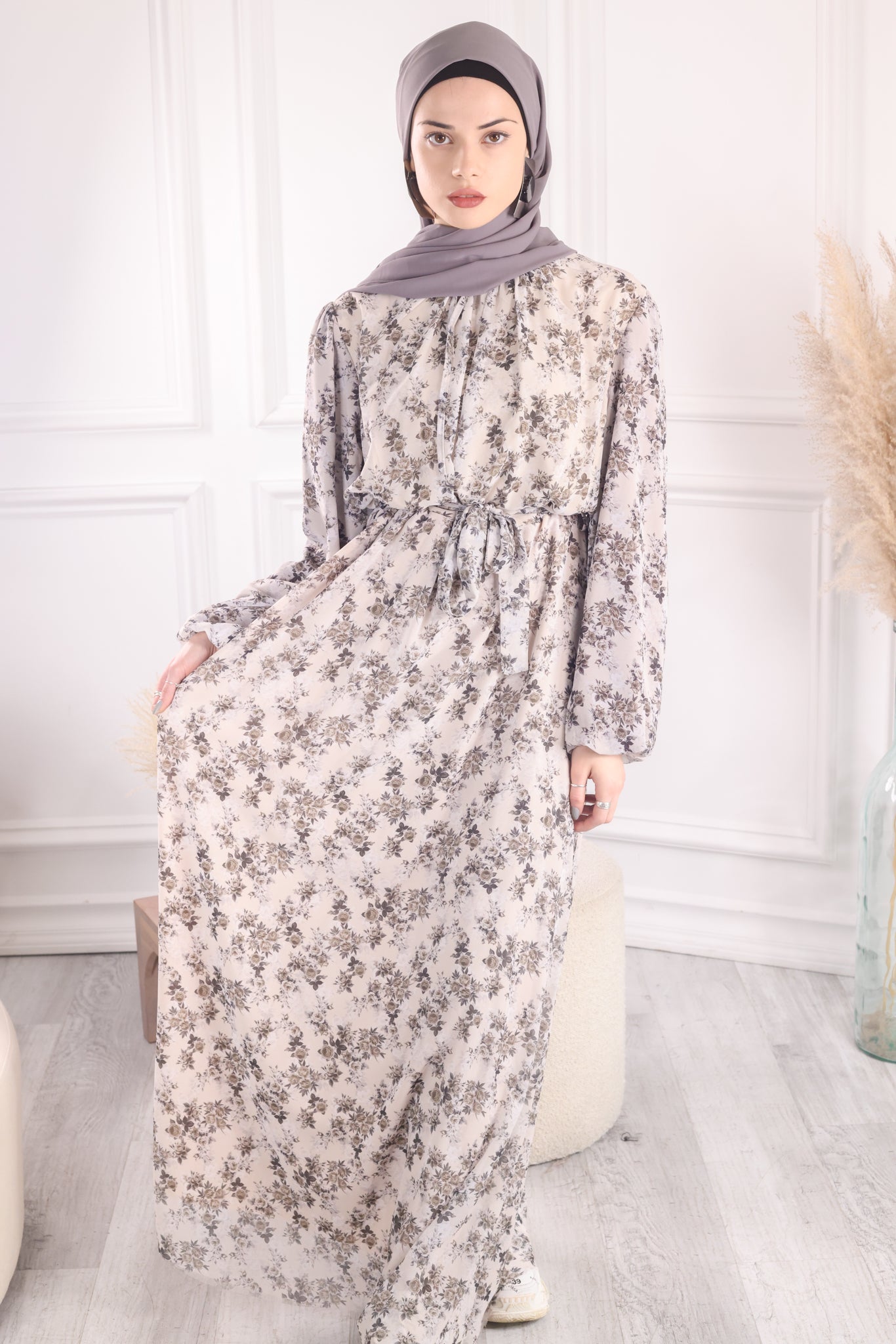 Beige Floral Chiffon Maxi Dress