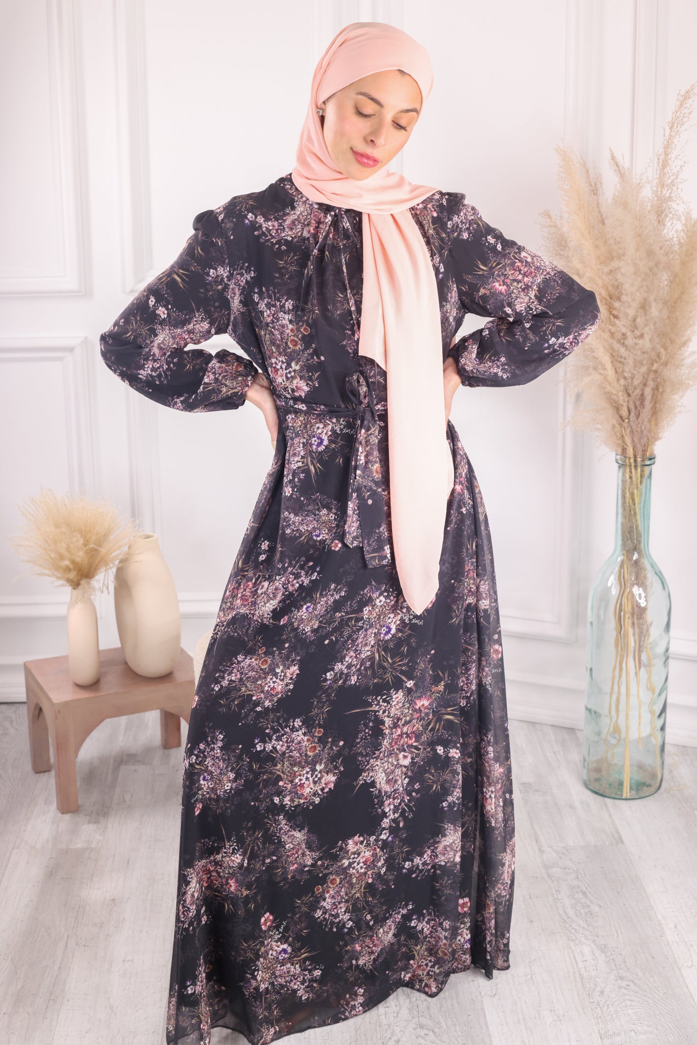 Pink & Black Chiffon Maxi Dress