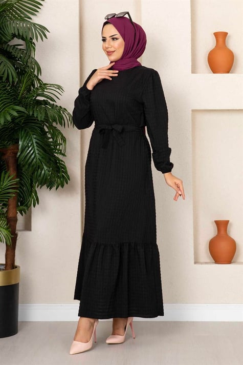 Textured Waist Belted Veiling Dress