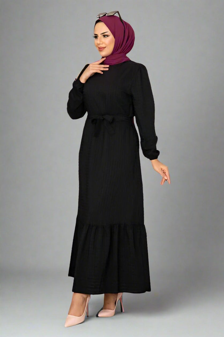 Textured Waist Belted Veiling Dress