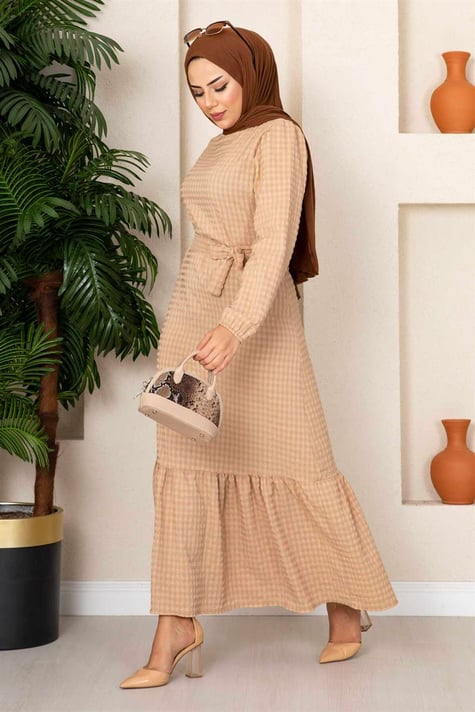 Textured Waist Belted Veiling Dress