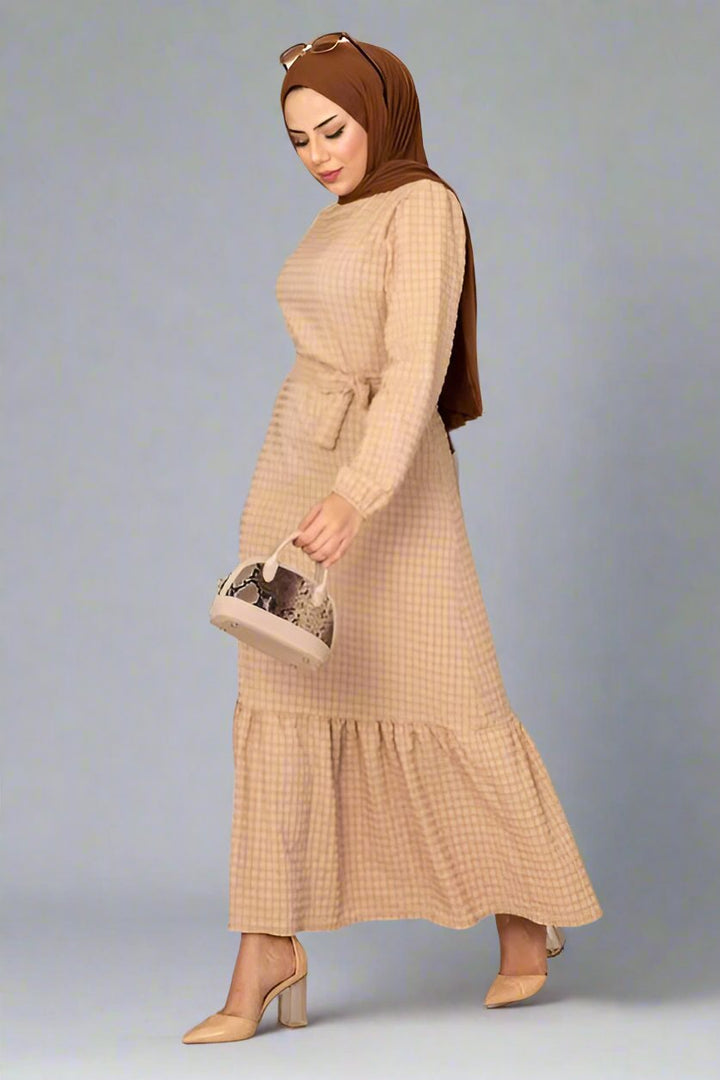 Textured Waist Belted Veiling Dress